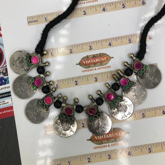 Vintage Coins Necklace With Earrings, Coins Jewelry Set With Glass Stones - Picture 8 of 11